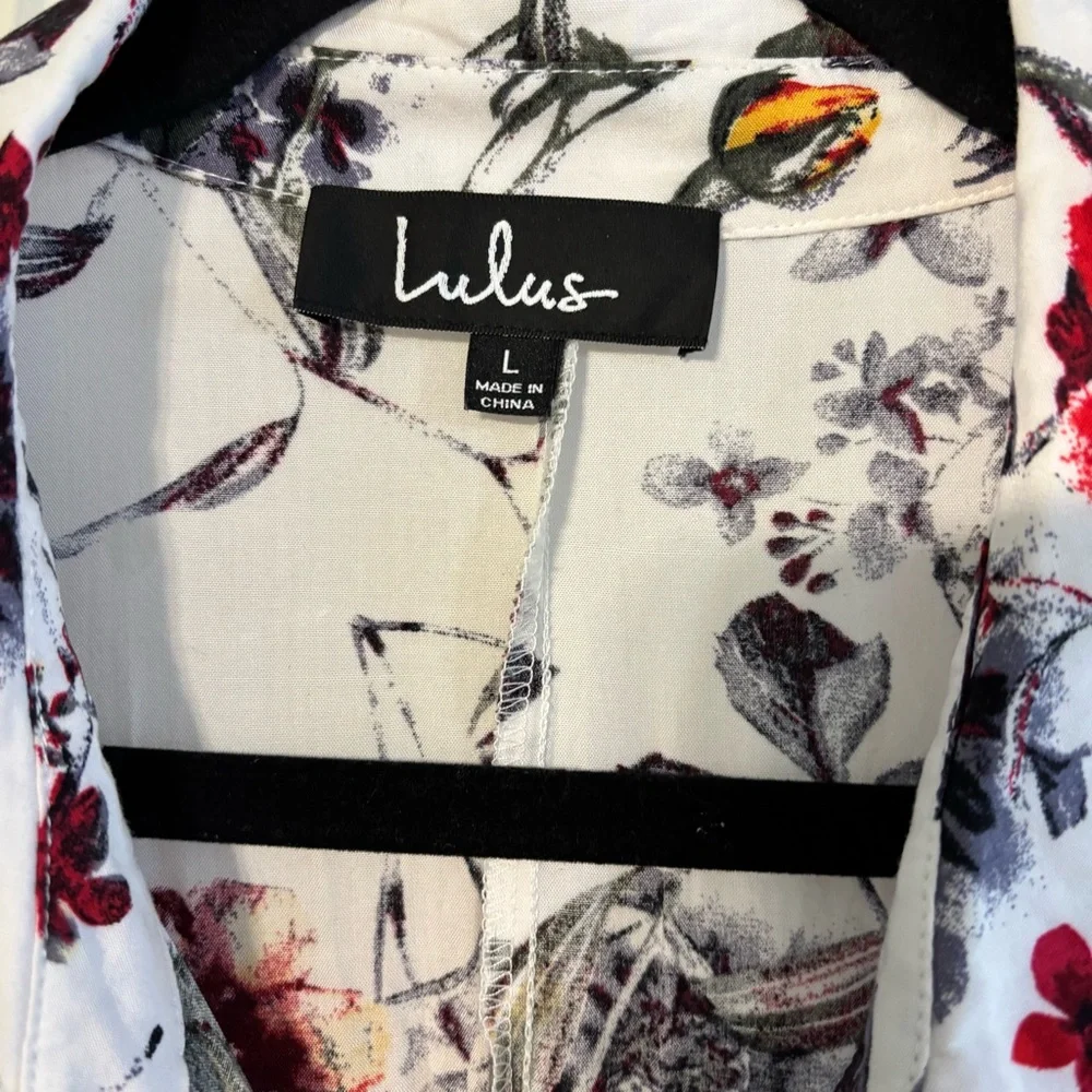 Lulus Floral Shirt Dress Large White Red Belted Fit Flare Mini Dress